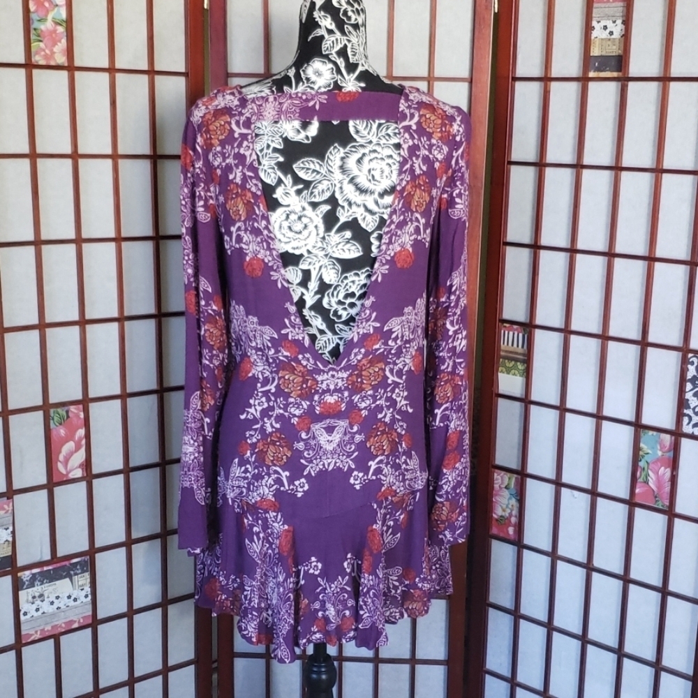 Free People Backless Ruffle Skirt Long Sleeve Floral Mini Dress Size S - Picture 5 of 8